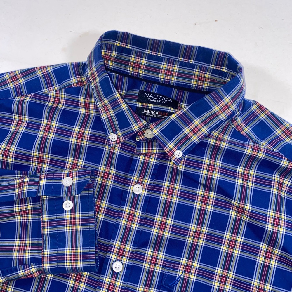 Nautica Classic Fit Plaid Wrinkle Resistant Button Down Shirt‎ Mens XL Blue Red